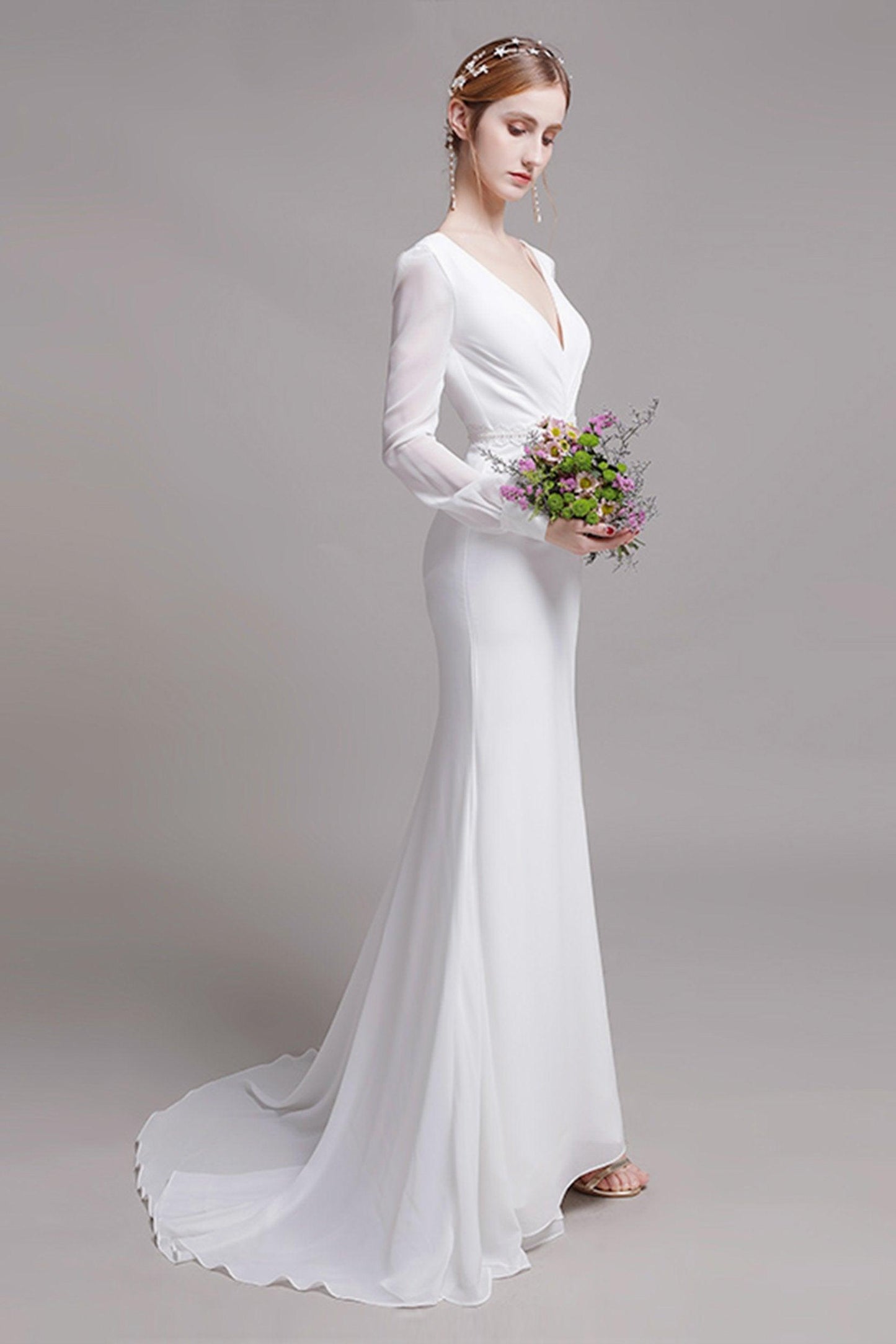 Trumpet Sweep-Brush Train Elastic Cloth Wedding Dress CW2764