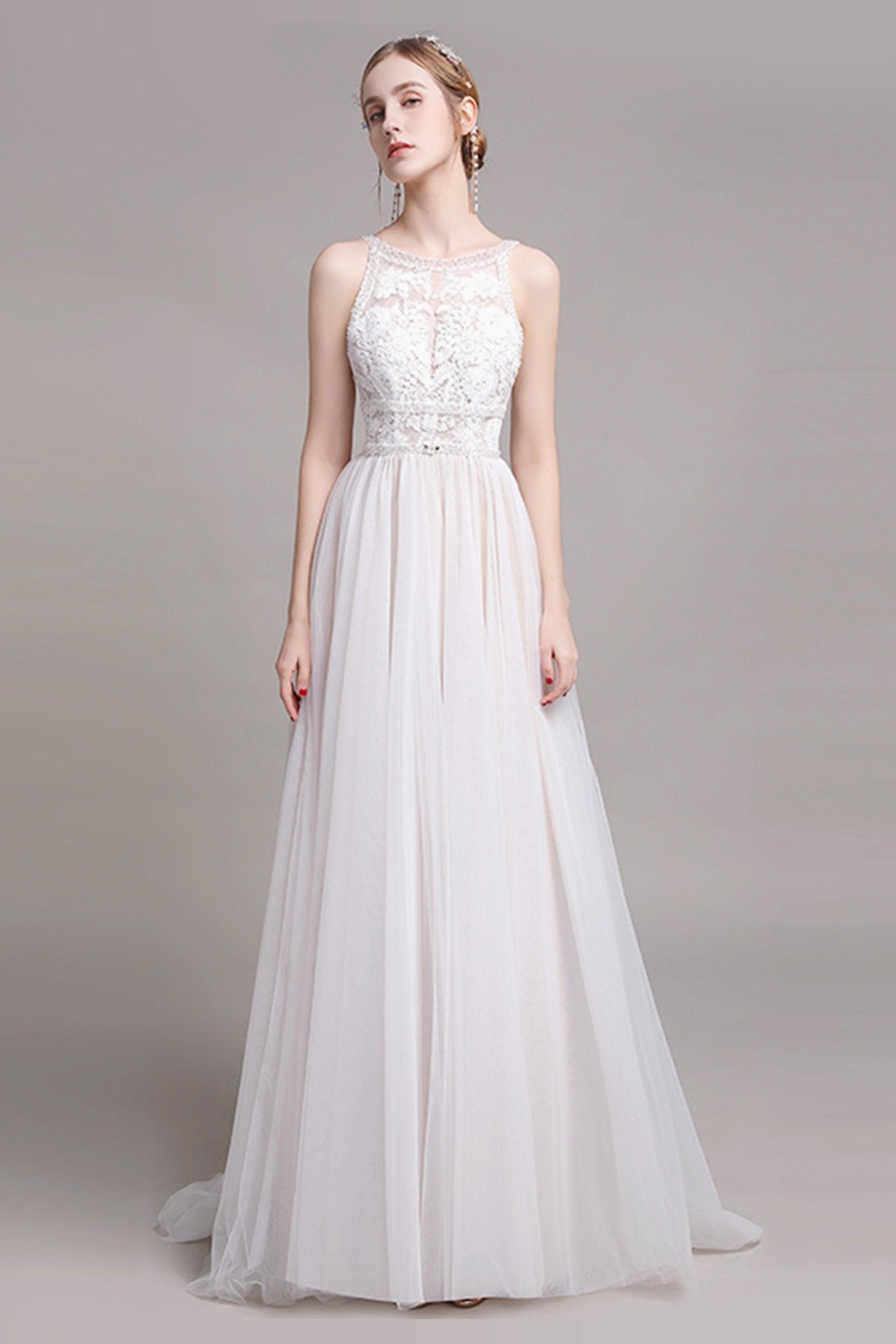 A-Line Sweep-Brush Train Lace Wedding Dress CW2765 - COCOMELODY