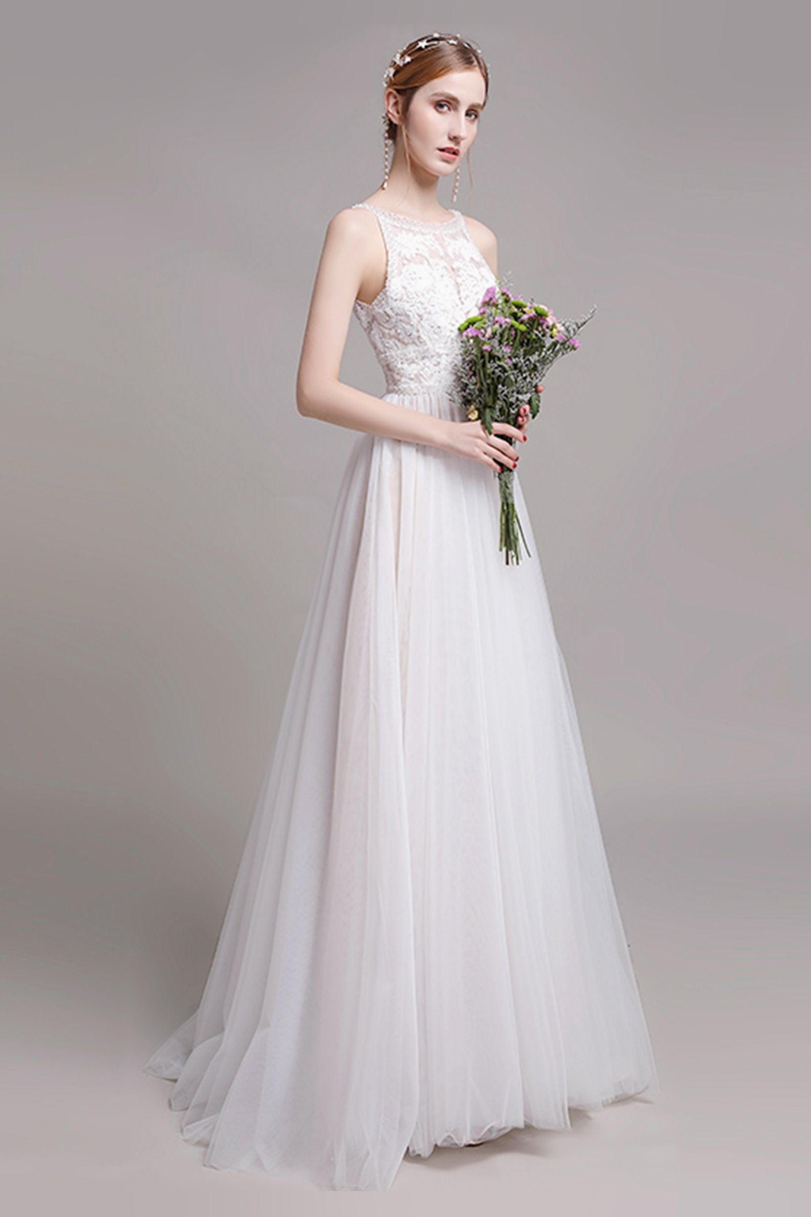 A-Line Sweep-Brush Train Lace Wedding Dress CW2765 - COCOMELODY