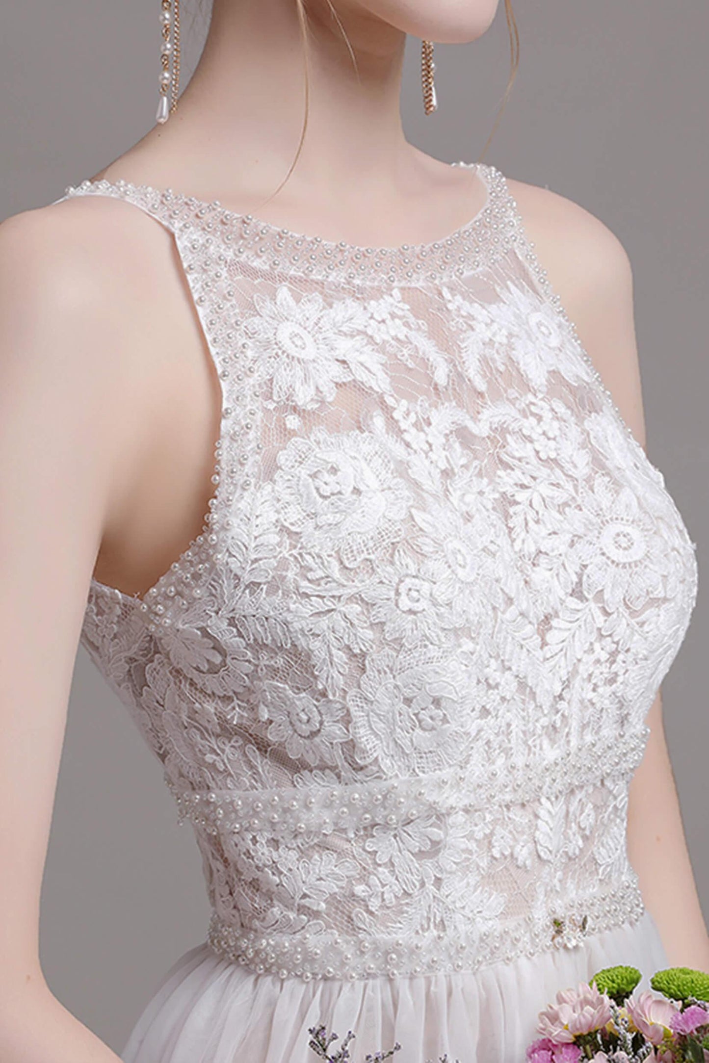 A-Line Sweep-Brush Train Lace Wedding Dress CW2765 - COCOMELODY