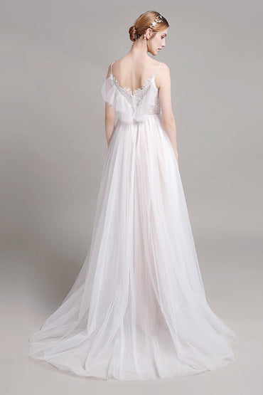 A-Line Sweep-Brush Train Lace Tulle Wedding Dress CW2768 - COCOMELODY