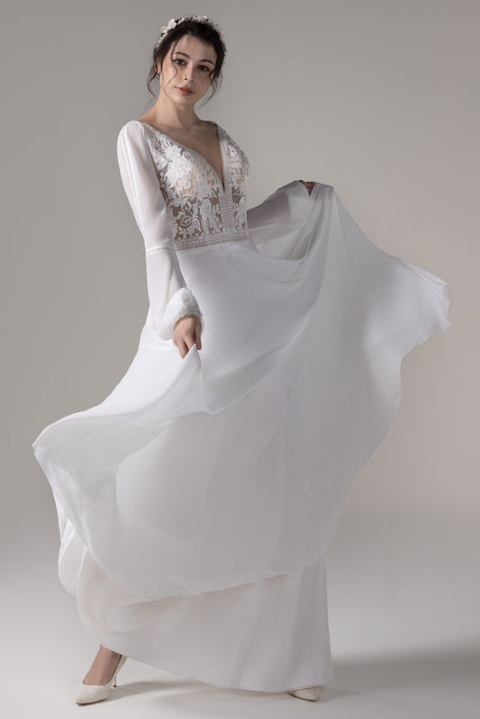 A-Line Floor Length Lace Chiffon Wedding Dress CW2778