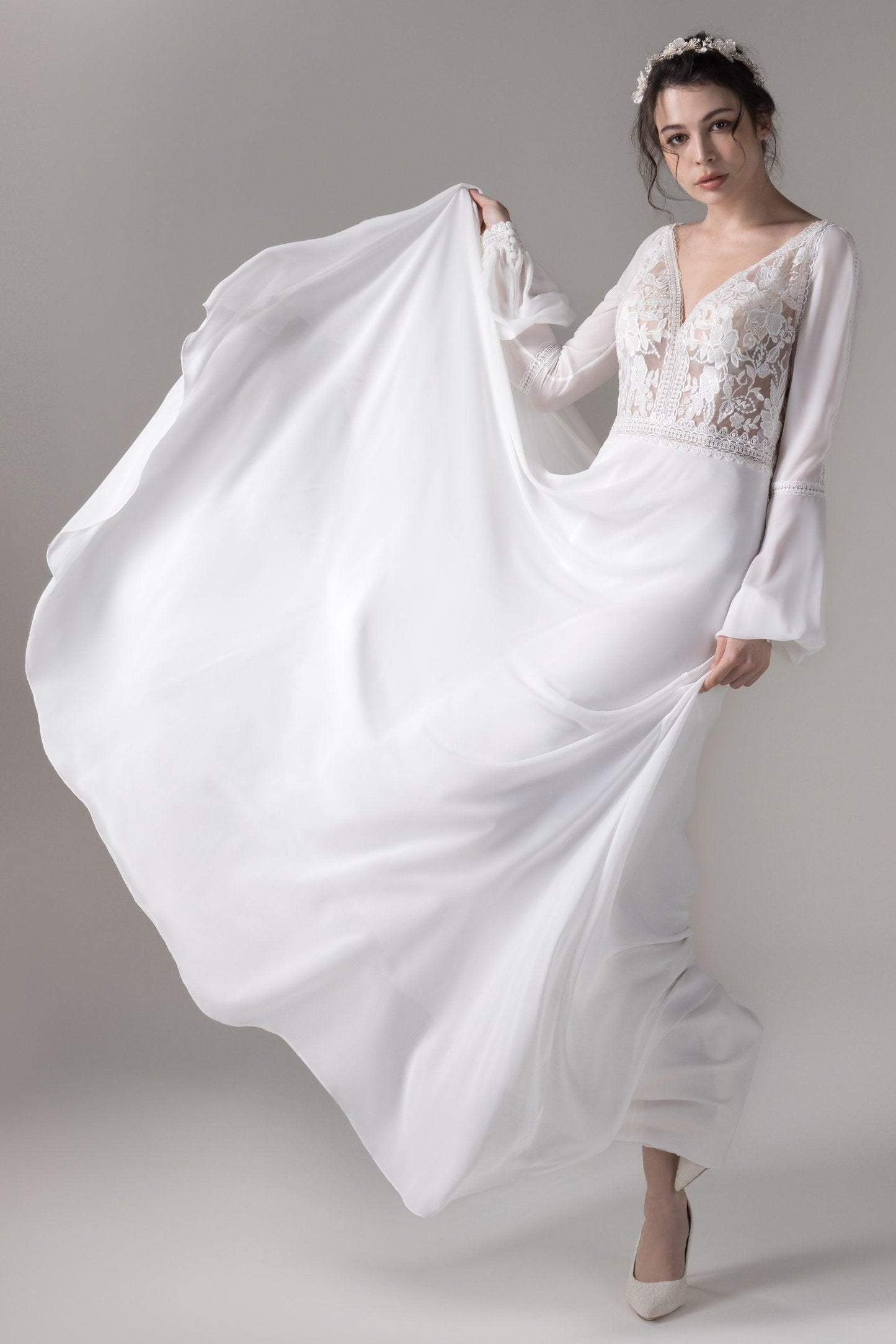 A-Line Floor Length Lace Chiffon Wedding Dress CW2778