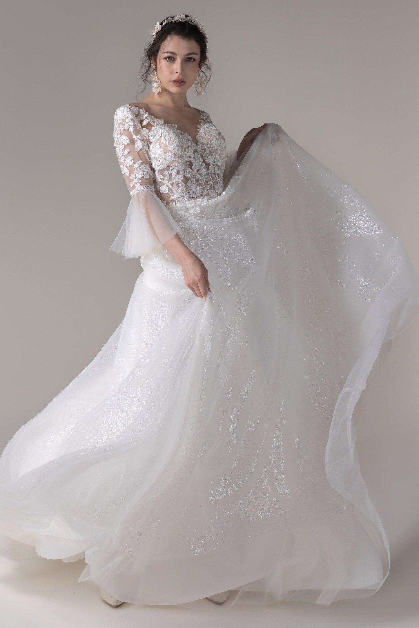 A-Line Court Train Lace Sequined Tulle Wedding Dress CW2784 - COCOMELODY