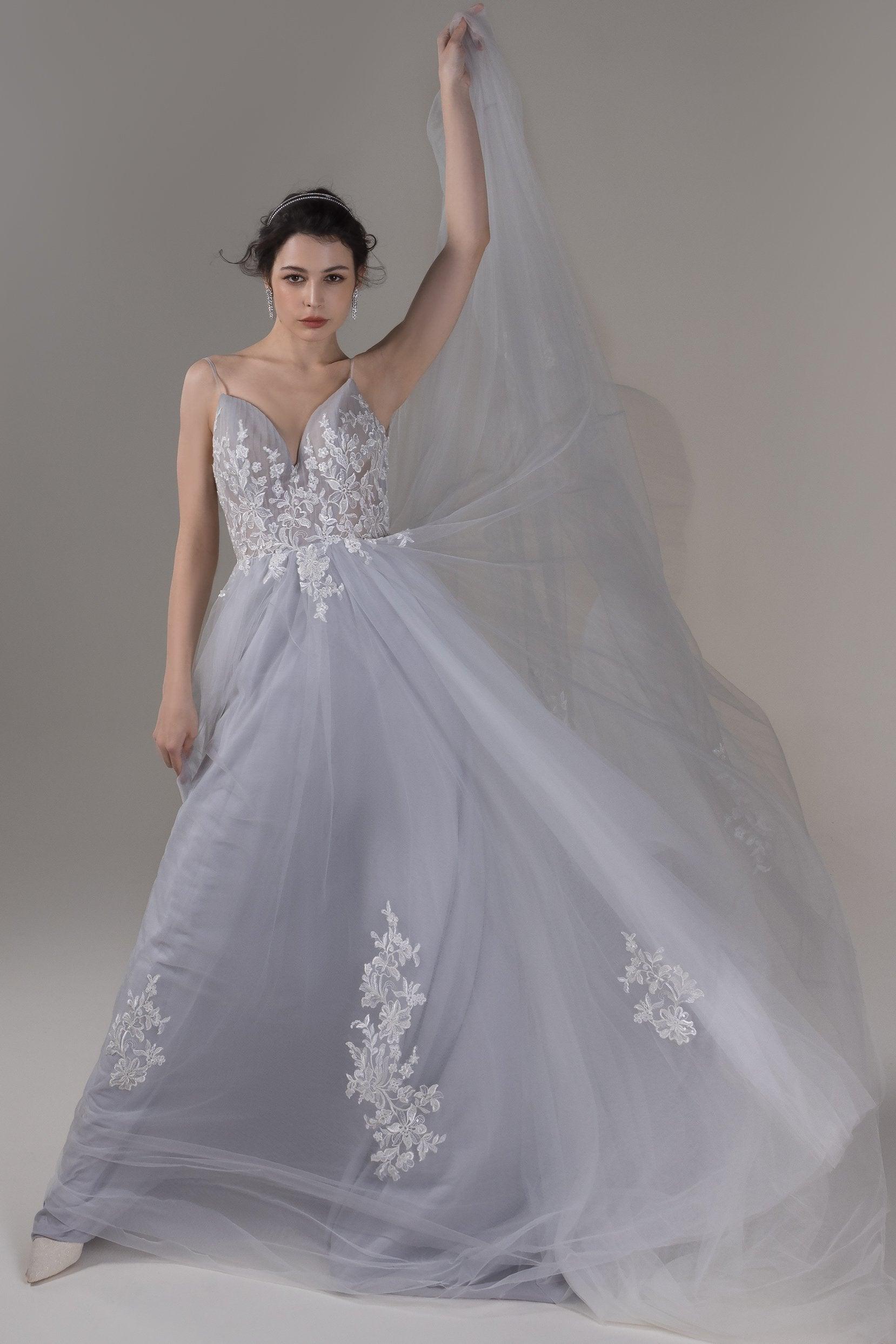 A-Line Chapel Train Lace Tulle Wedding Dress CW2807 - COCOMELODY