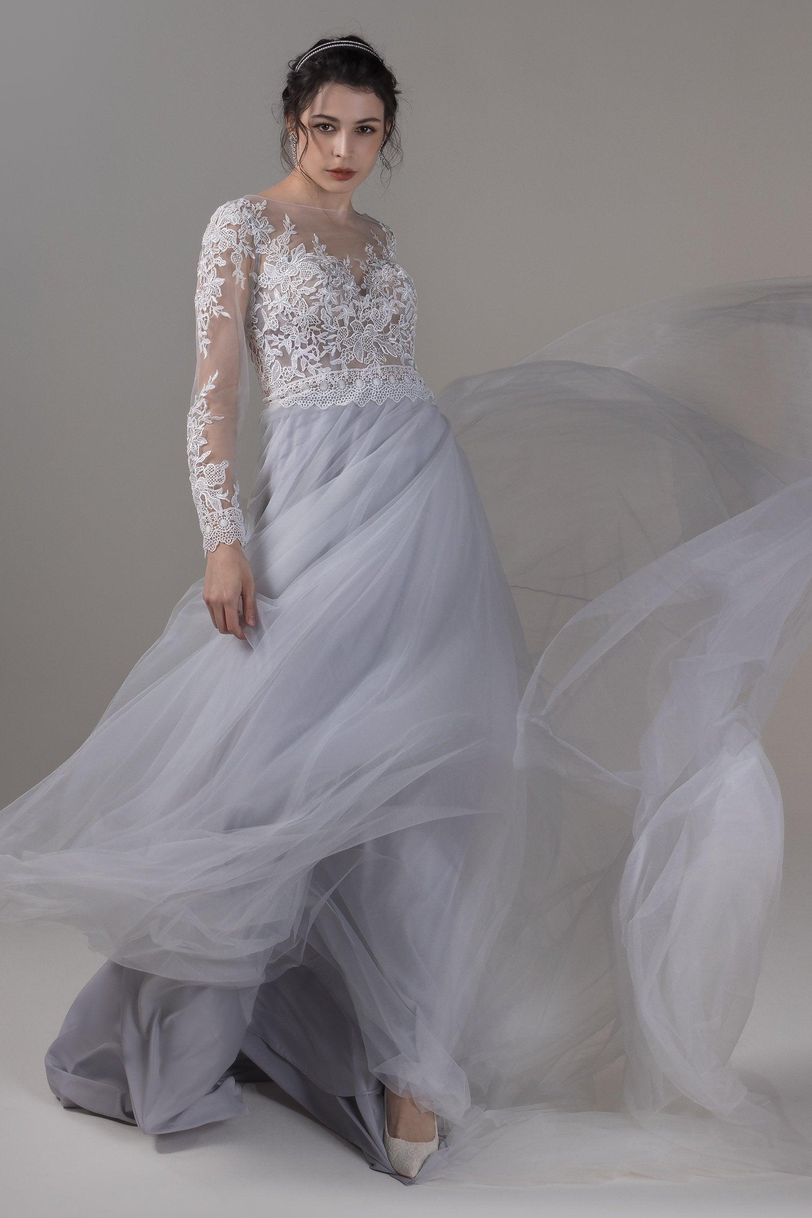 A-Line Chapel Train Lace Tulle Wedding Dress CW2809 - COCOMELODY