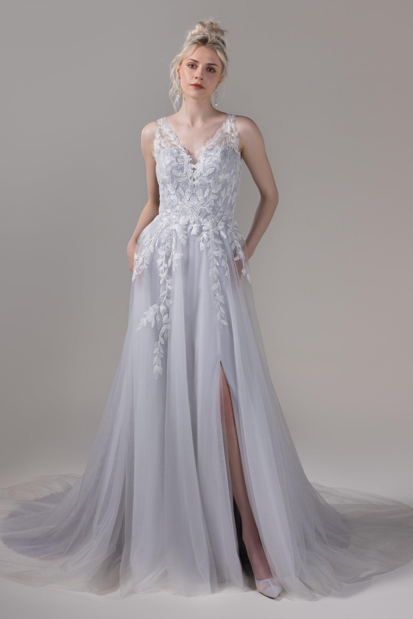 A-Line Chapel Train Lace Tulle Wedding Dress CW2810 - COCOMELODY