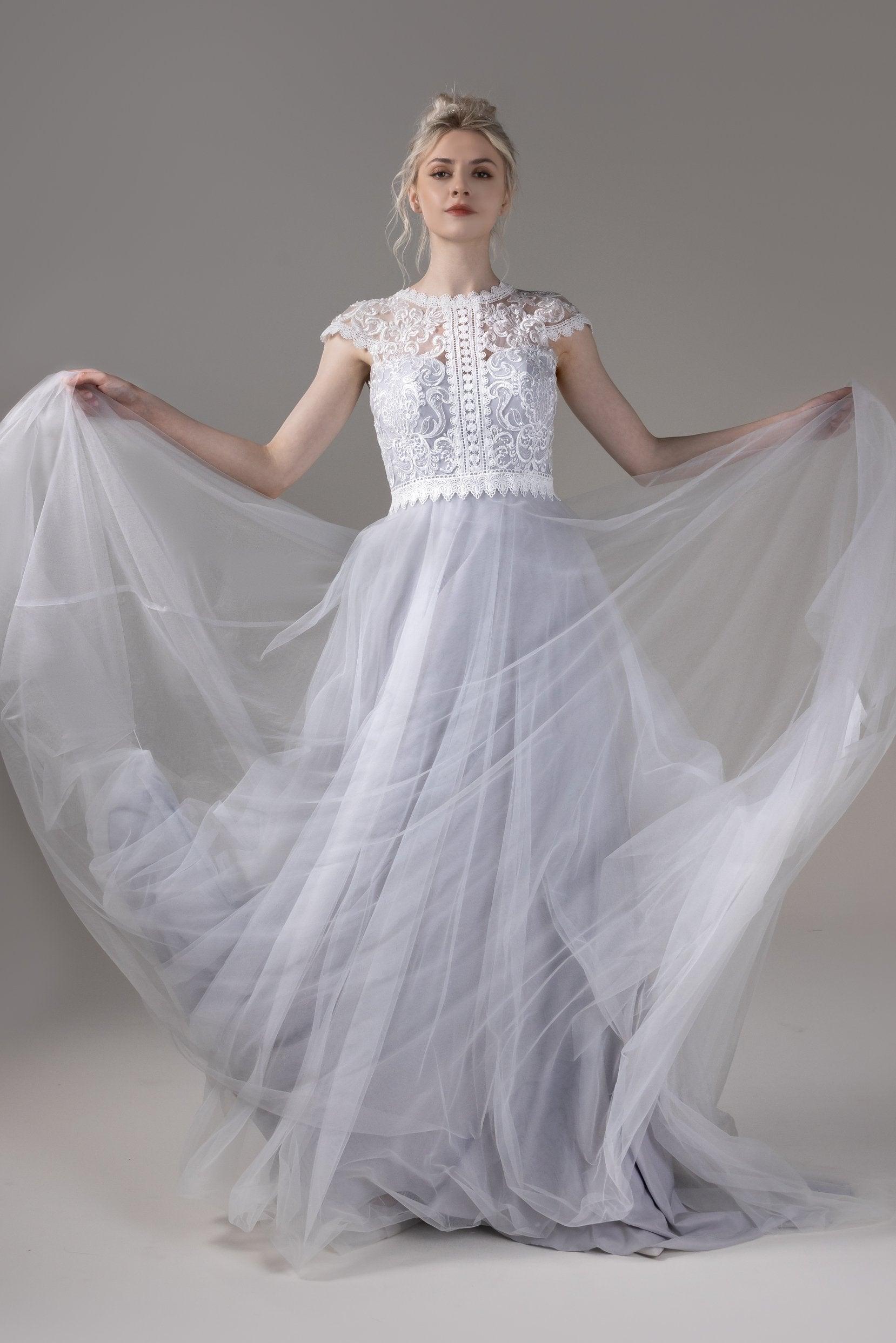 A-Line Court Train Lace Tulle Wedding Dress CW2812CR - COCOMELODY