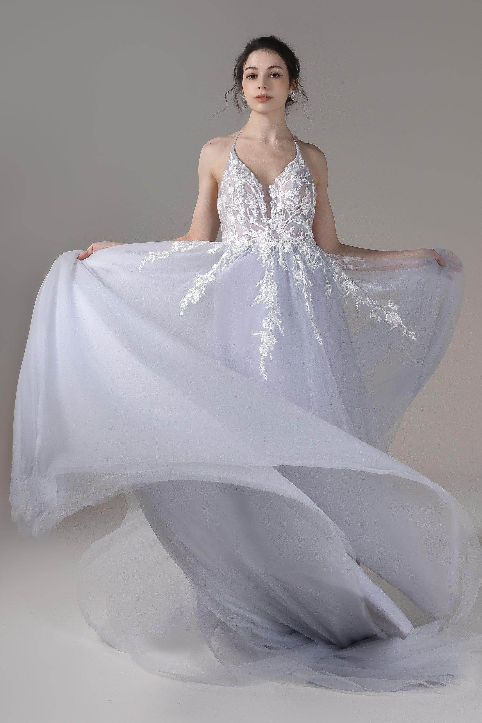 A-Line Halter Backless Tulle Wedding Dress with Appliques COCOMELODY CW2814, 35 Days / As Picture:Ivory/Silver Cloud / US16-UK18-EUR46 A-Line Halter Backless Tulle Wedding Dress with Appliques COCOMELODY CW2814, 35 Days / As Picture:Ivory/Silver Cloud / US16-UK18-EUR46