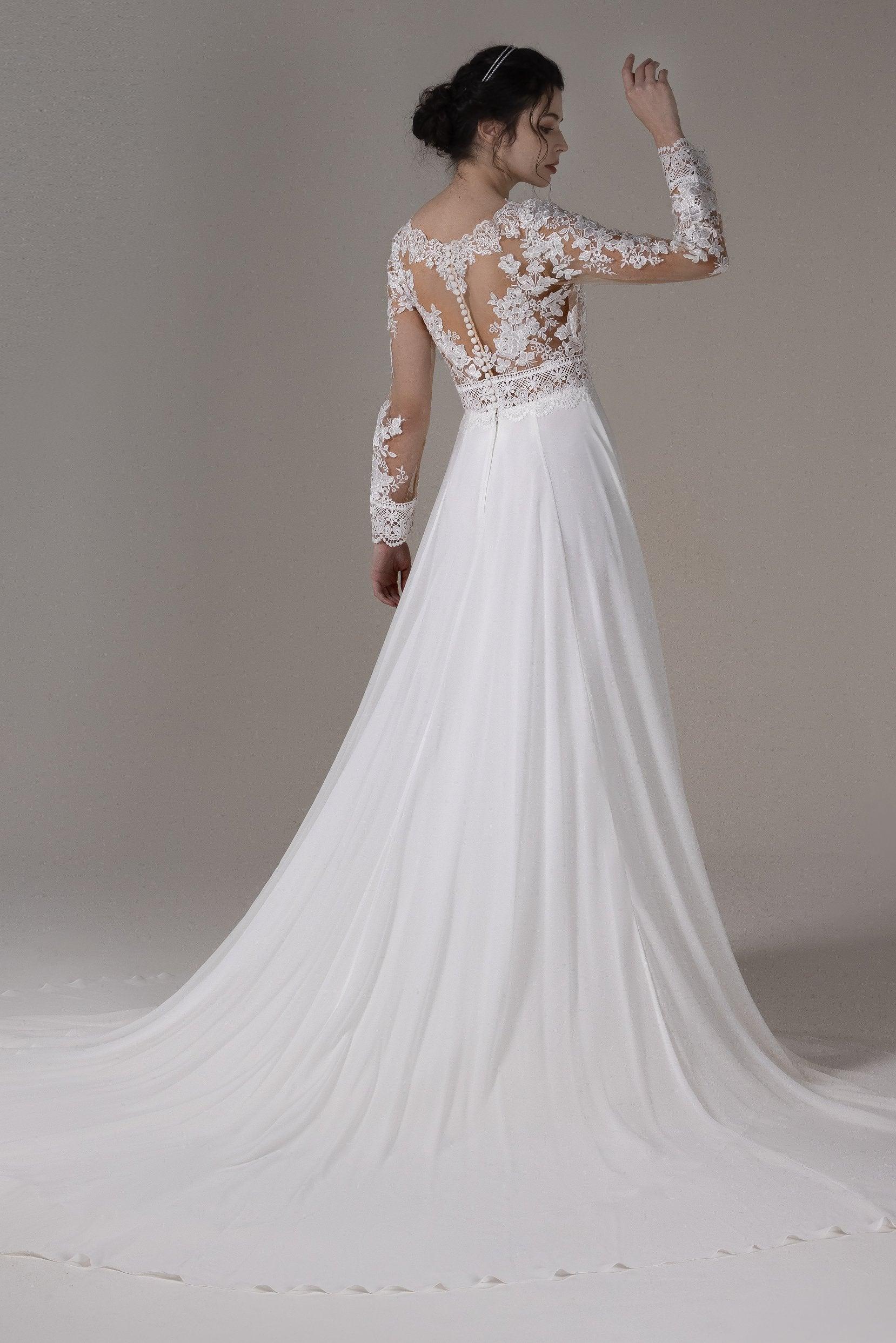 A-Line Chapel Train Lace Chiffon Wedding Dress CW2830 - COCOMELODY