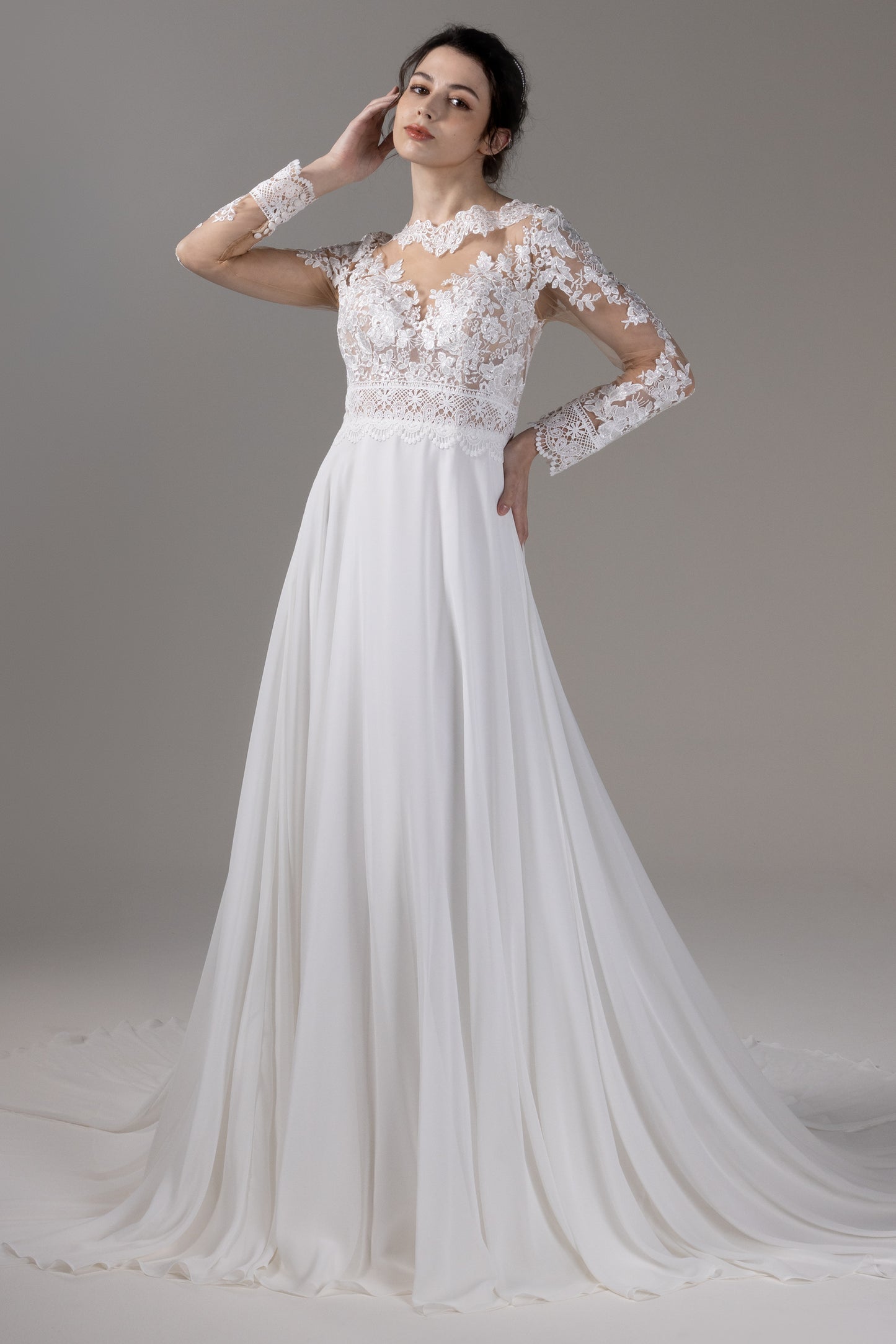 A-Line Chapel Train Lace Chiffon Wedding Dress CW2830