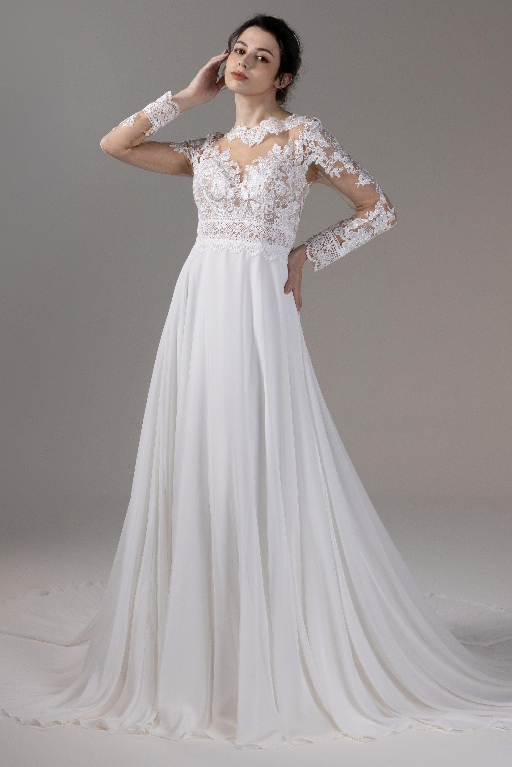 A-Line Chapel Train Lace Chiffon Wedding Dress CW2830 - COCOMELODY