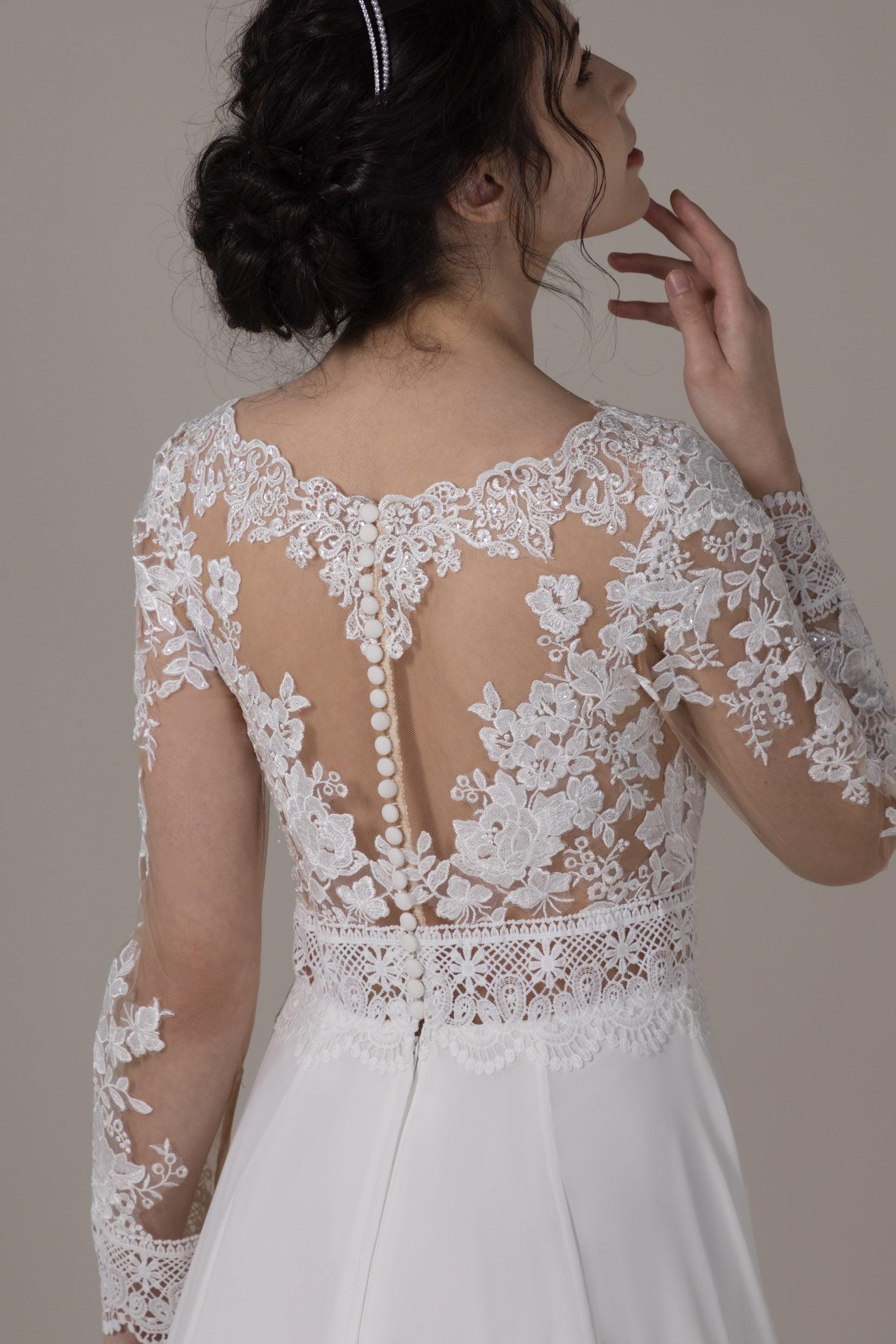 A-Line Chapel Train Lace Chiffon Wedding Dress CW2830 - COCOMELODY