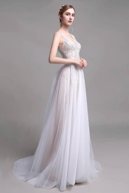 A-Line Sweep-Brush Train Lace Wedding Dress CW2957