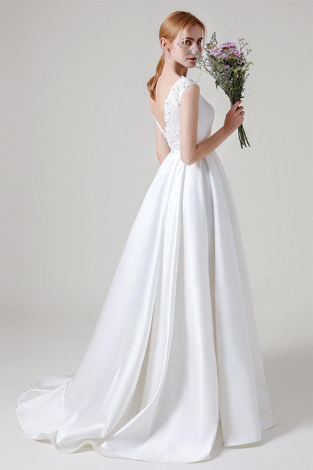 A-Line Sweep-Brush Train Satin Wedding Dress CW2959CR - COCOMELODY