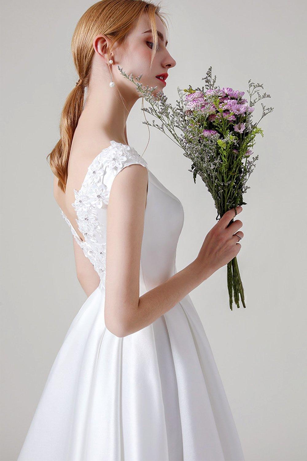 A-Line Sweep-Brush Train Satin Wedding Dress CW2959CR - COCOMELODY