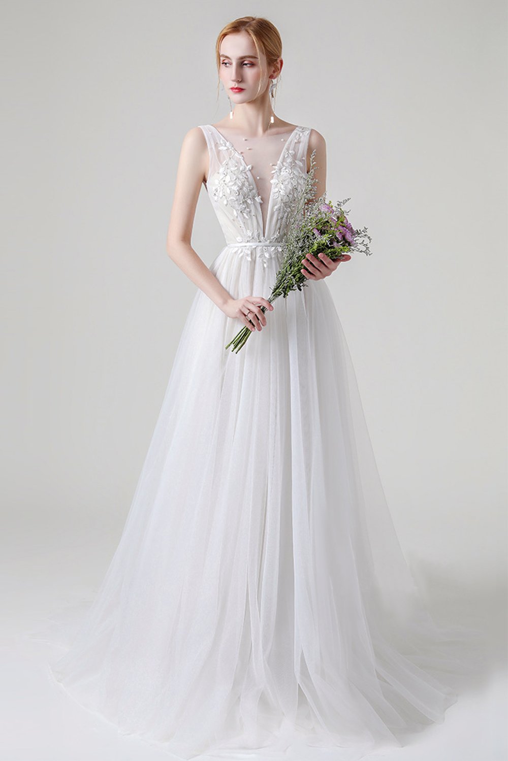 A-Line Sweep-Brush Train Lace Wedding Dress CW2960