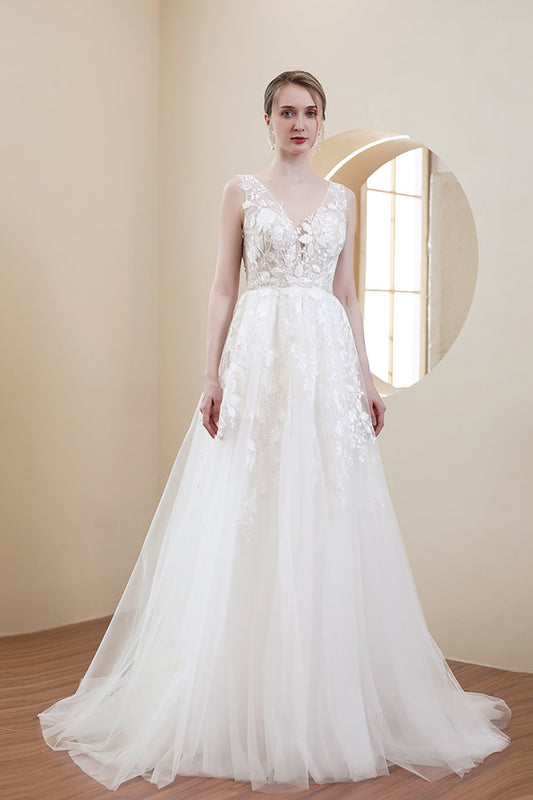 A-Line Sweep-Brush Train Lace Tulle Wedding Dress CW2967