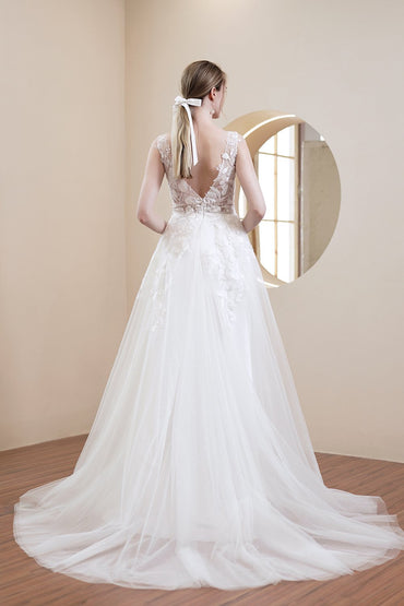 A-Line Sweep-Brush Train Lace Tulle Wedding Dress CW2967