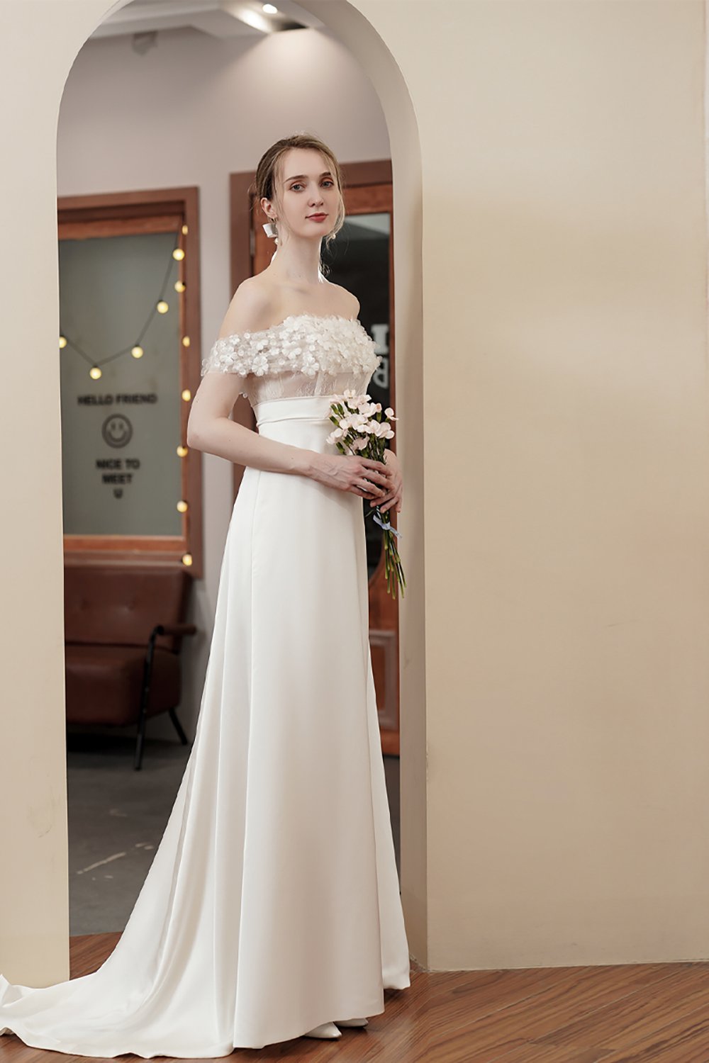 A-Line Sweep-Brush Train Satin Wedding Dress CW2970