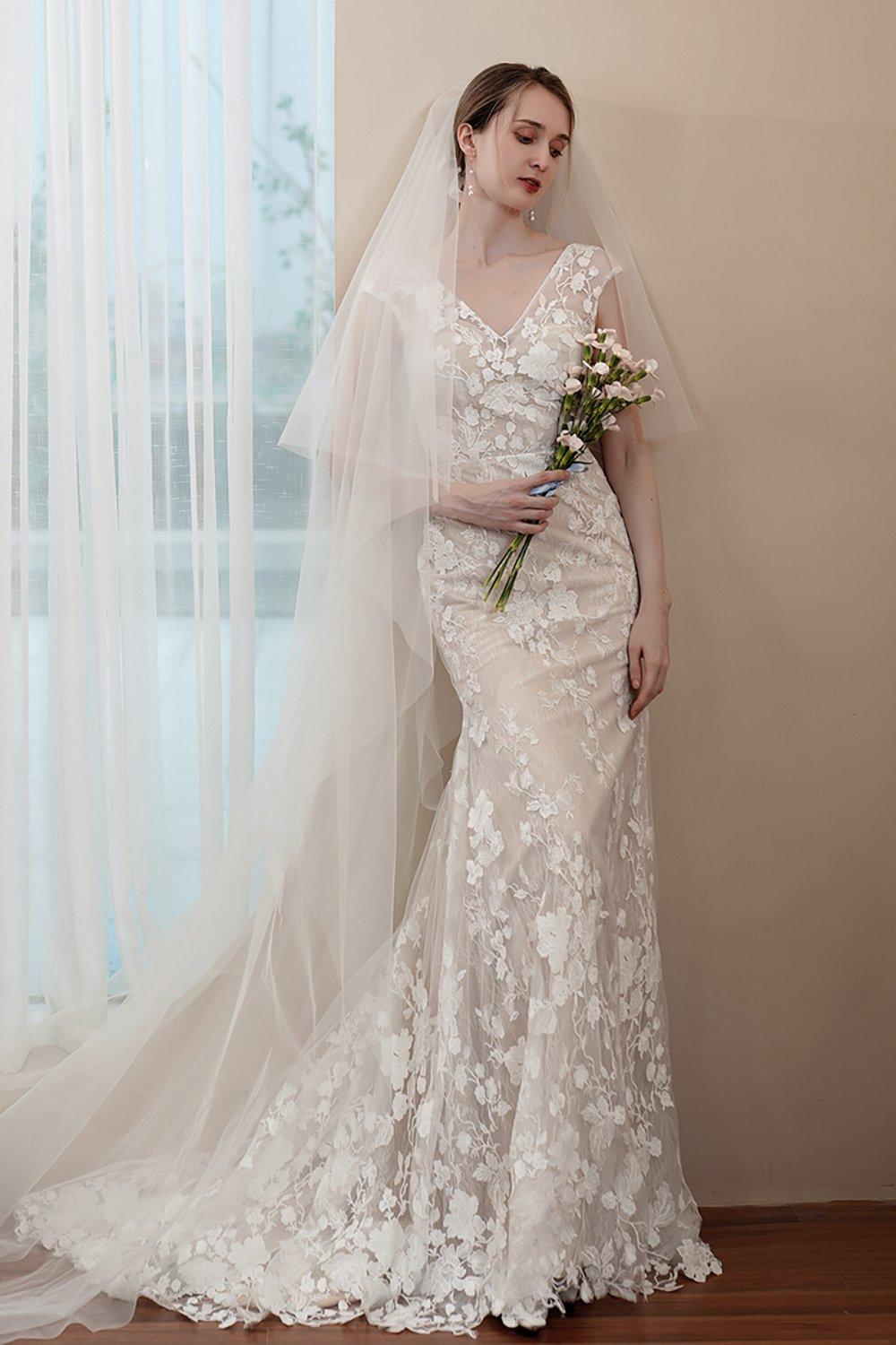 Trumpet-Mermaid Sweep-Brush Train Lace Wedding Dress CW2971 - COCOMELODY