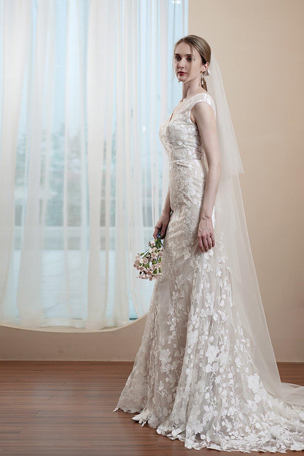 Trumpet-Mermaid Sweep-Brush Train Lace Wedding Dress CW2971 - COCOMELODY