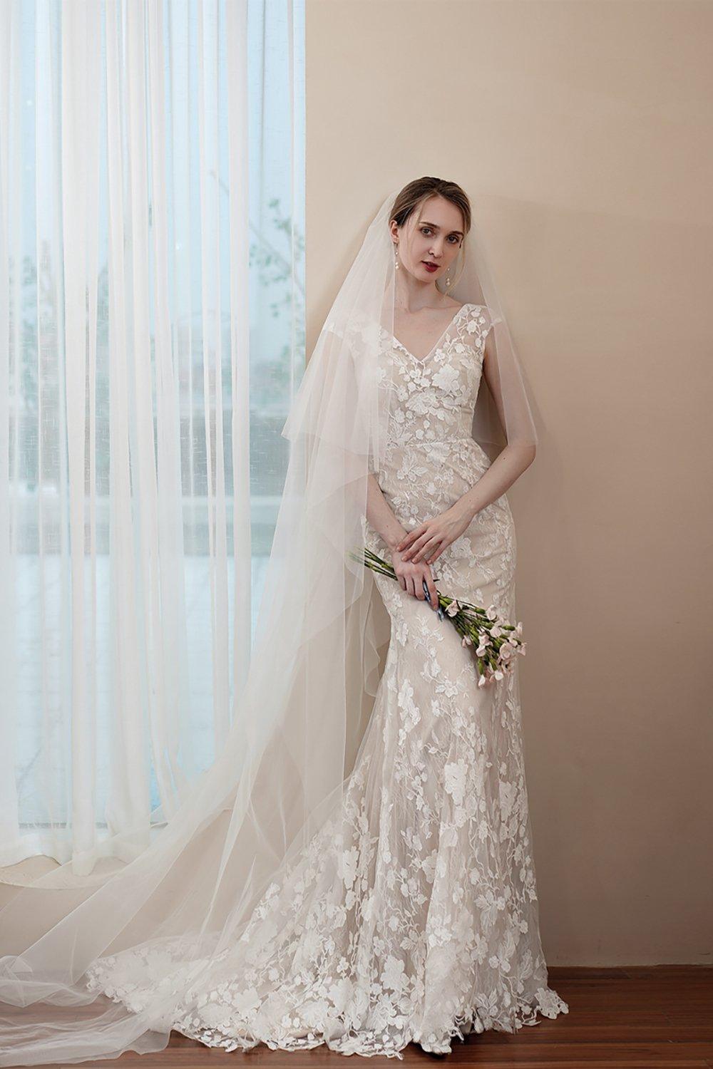 Trumpet-Mermaid Sweep-Brush Train Lace Wedding Dress CW2971 - COCOMELODY