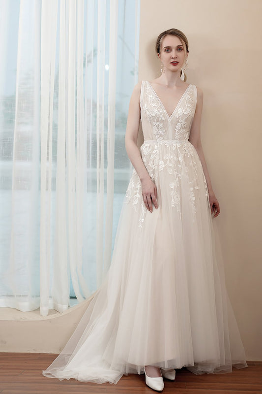 A-Line Sweep-Brush Train Lace Tulle Wedding Dress CW2972