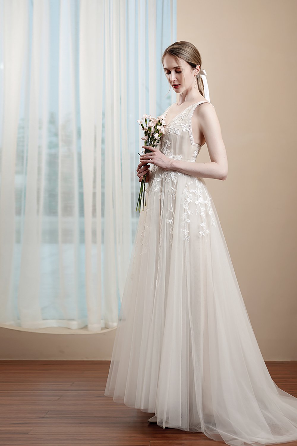 A-Line Sweep-Brush Train Lace Tulle Wedding Dress CW2972