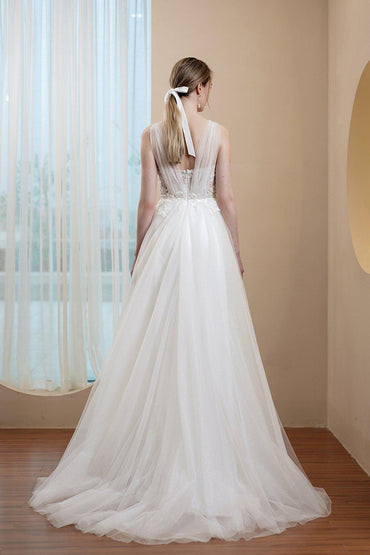 A-Line Sweep-Brush Train Lace Tulle Wedding Dress CW2973 - COCOMELODY