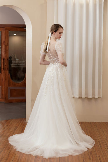 A-Line Sweep-Brush Train Lace Tulle Wedding Dress CW2977