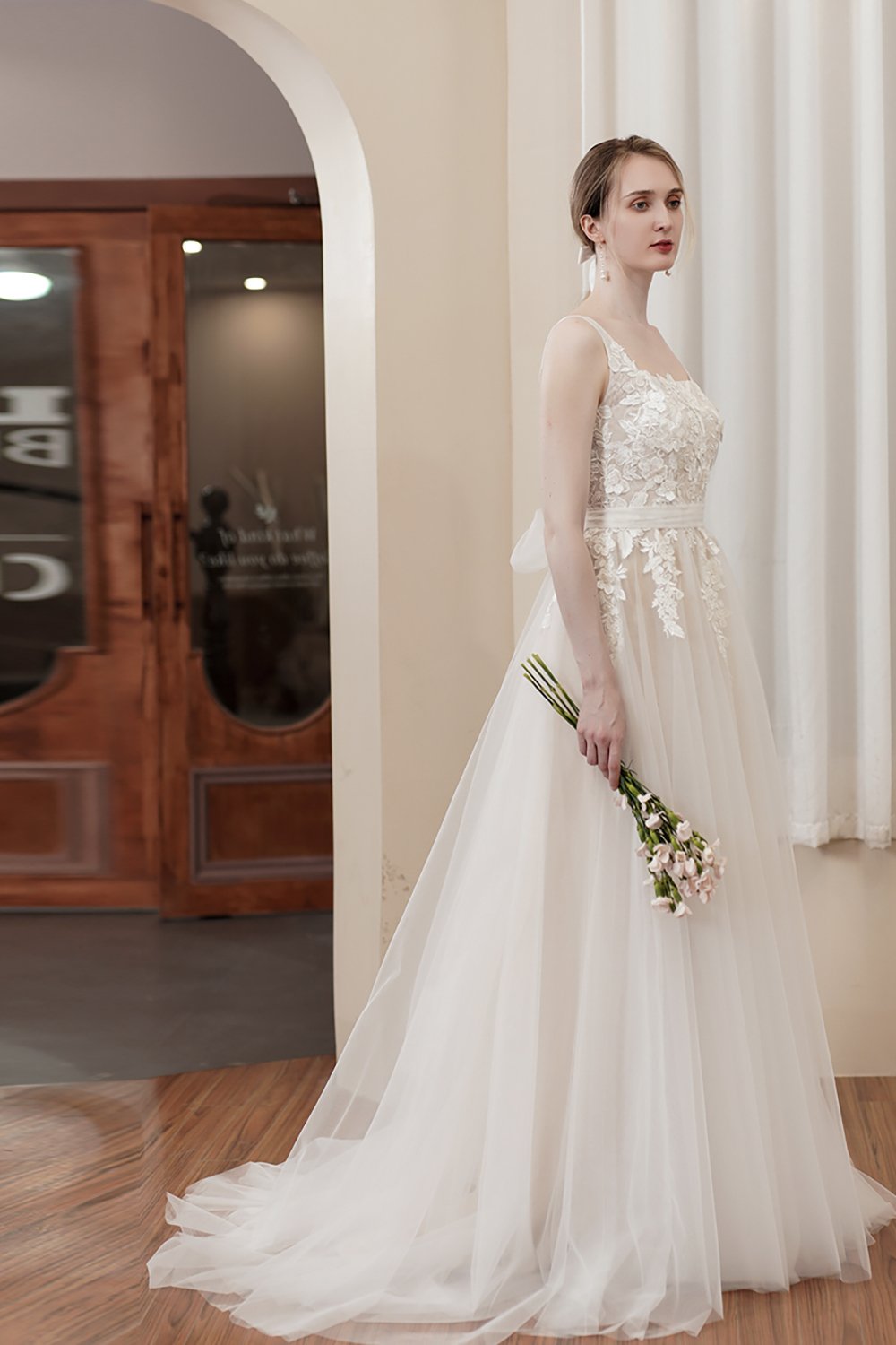 A-Line Sweep-Brush Train Lace Tulle Wedding Dress CW2978