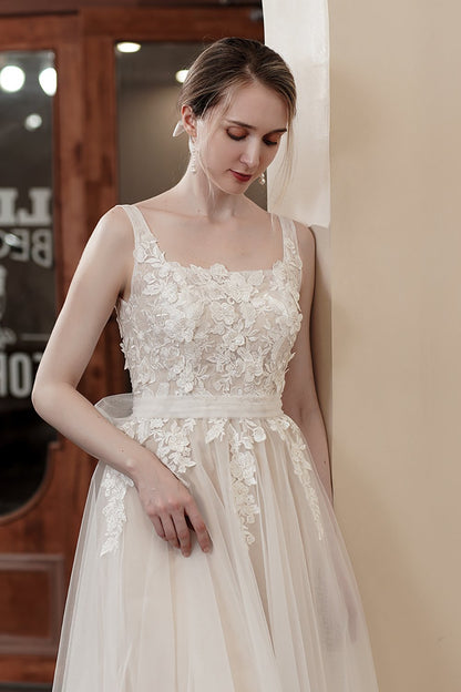 A-Line Sweep-Brush Train Lace Tulle Wedding Dress CW2978