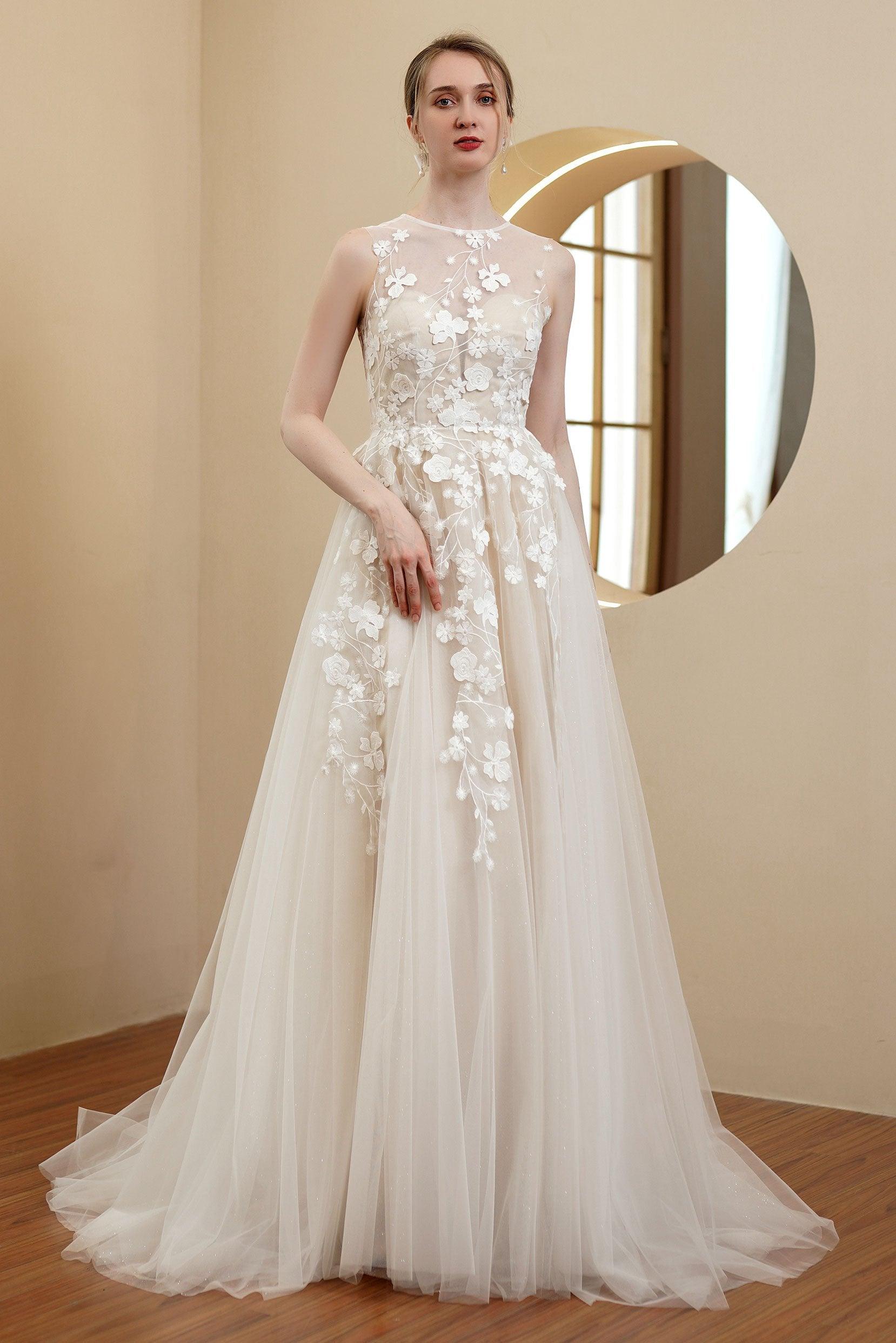 A-Line Sweep-Brush Train Chiffon Wedding Dress CW2982 - COCOMELODY