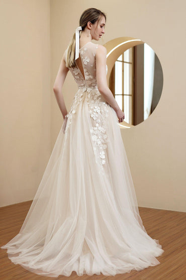 A-Line Sweep-Brush Train Chiffon Wedding Dress CW2982 - COCOMELODY