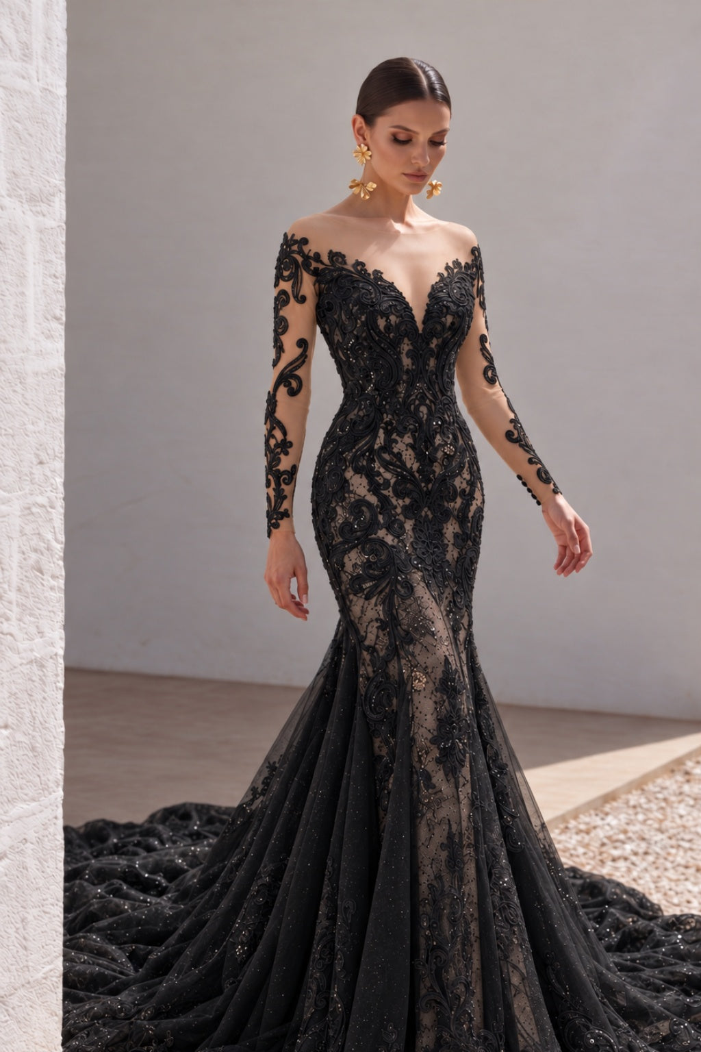Trumpet-Mermaid Chapel Train Lace Tulle Wedding Dress CW3009