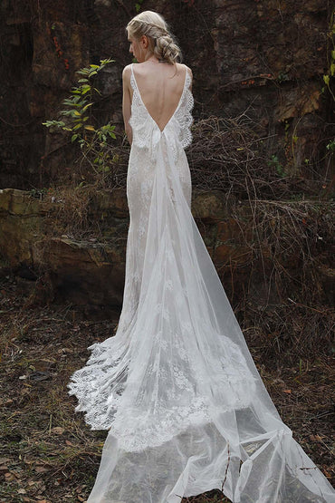 Sheath-Column Court Train Lace Wedding Dress CW3011 - COCOMELODY