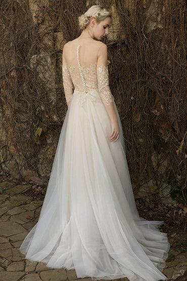A-Line Sweep-Brush Train Lace Tulle Wedding Dress CW3014 - COCOMELODY