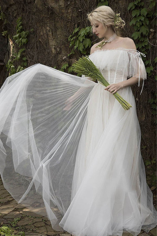 A-Line Sweep-Brush Train Tulle Wedding Dress CW3015