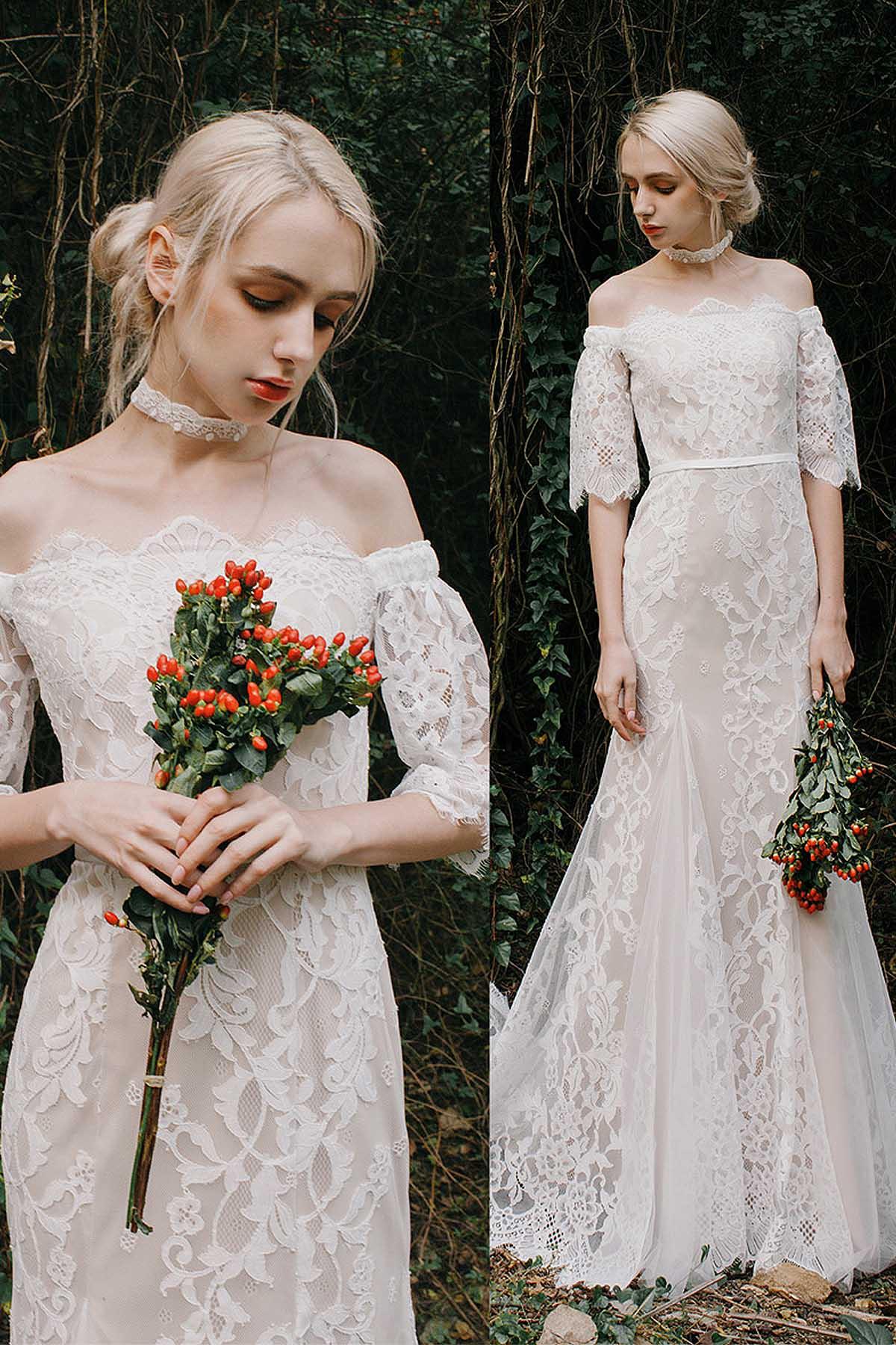 Trumpet-Mermaid Sweep-Brush Train Lace Tulle Wedding Dress CW3016 - COCOMELODY