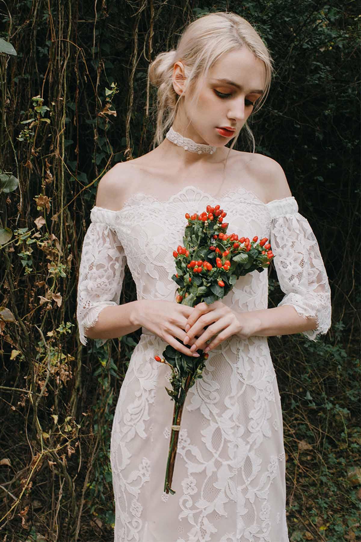 Trumpet-Mermaid Sweep-Brush Train Lace Tulle Wedding Dress CW3016 - COCOMELODY