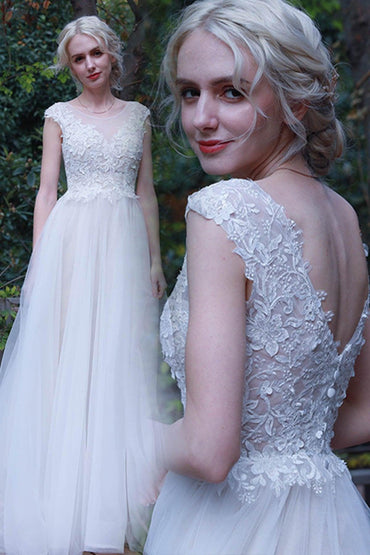 A-Line Sweep-Brush Train Lace Tulle Wedding Dress CW3017 - COCOMELODY