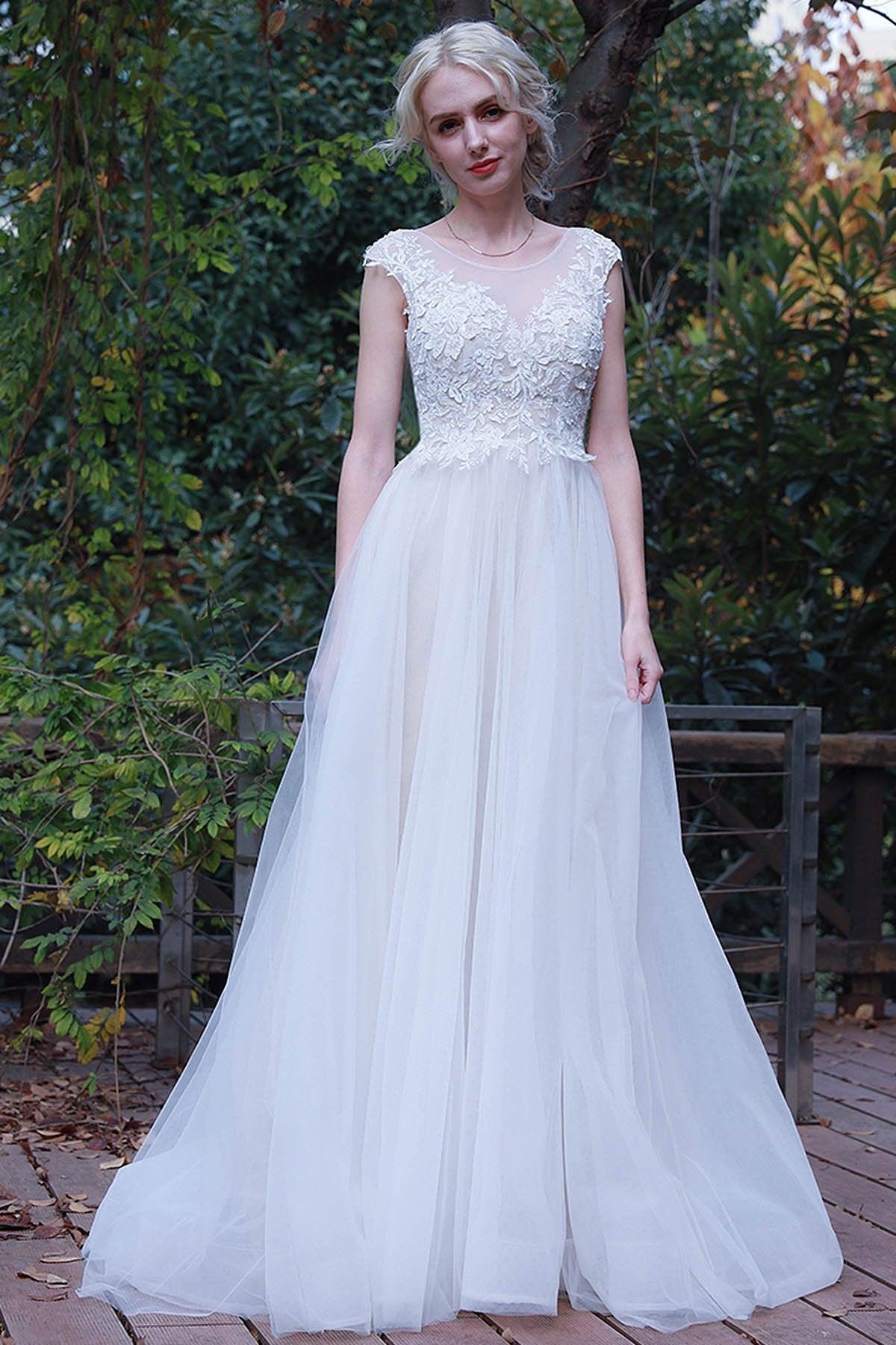 A-Line Sweep-Brush Train Lace Tulle Wedding Dress CW3017 - COCOMELODY