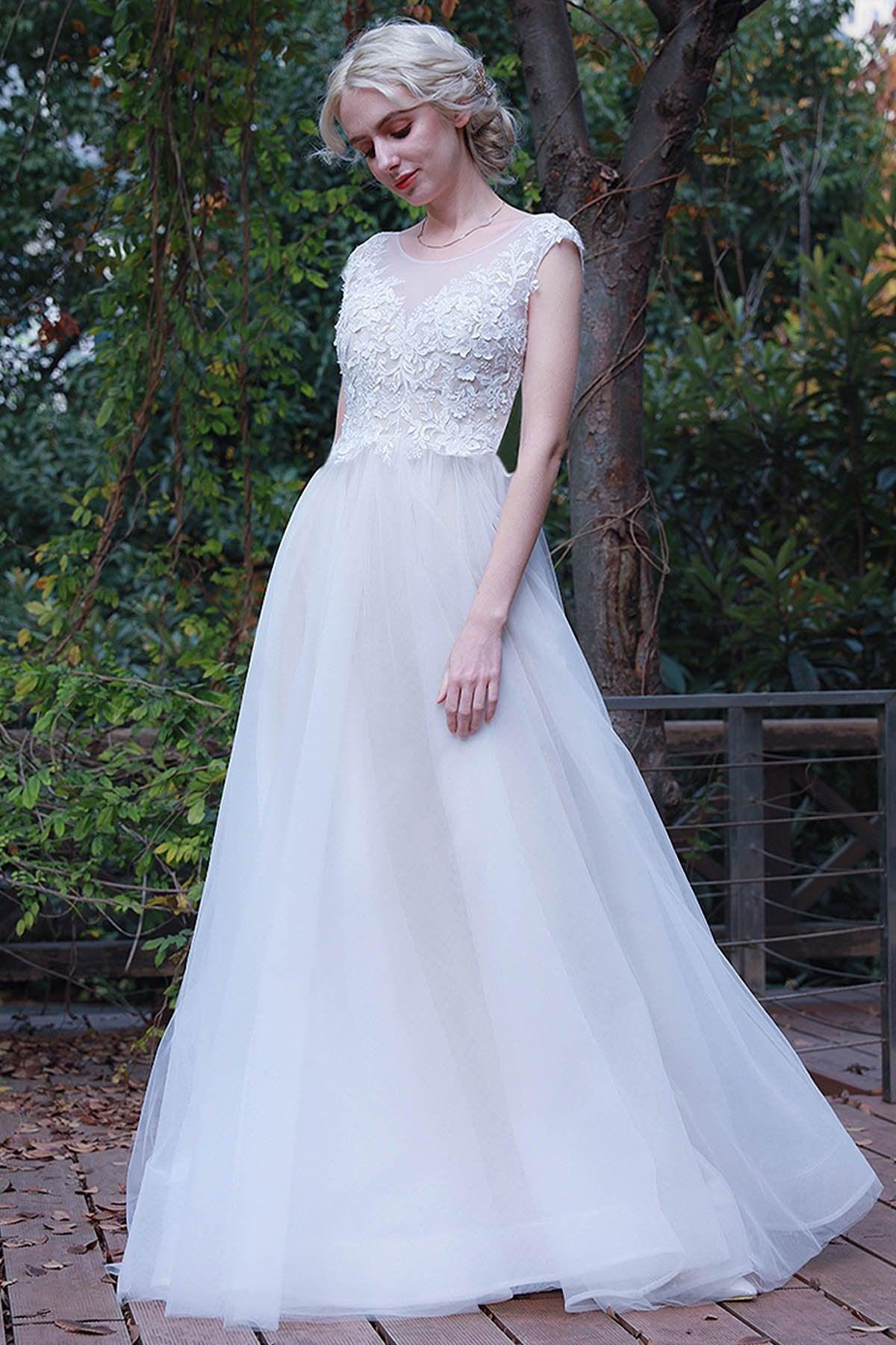 A-Line Sweep-Brush Train Lace Tulle Wedding Dress CW3017 - COCOMELODY