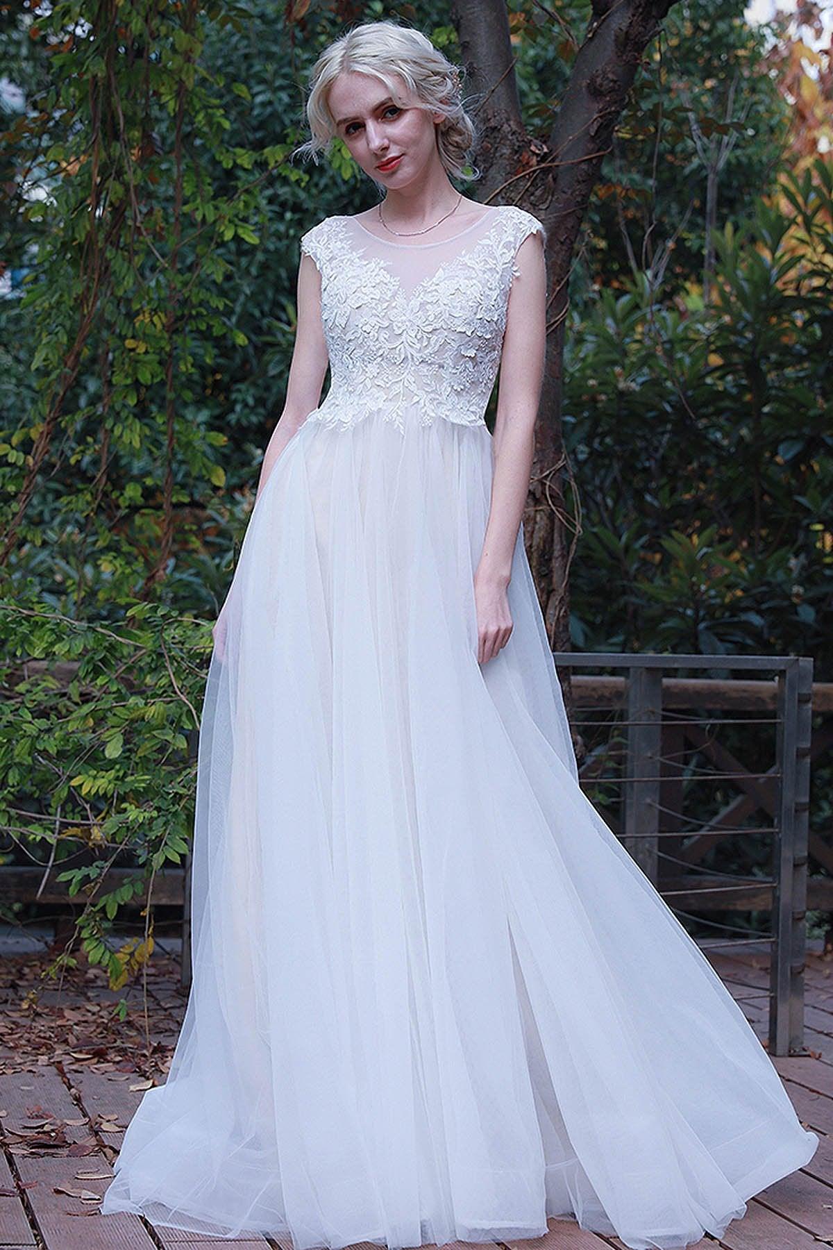 A-Line Sweep-Brush Train Lace Tulle Wedding Dress CW3017 - COCOMELODY