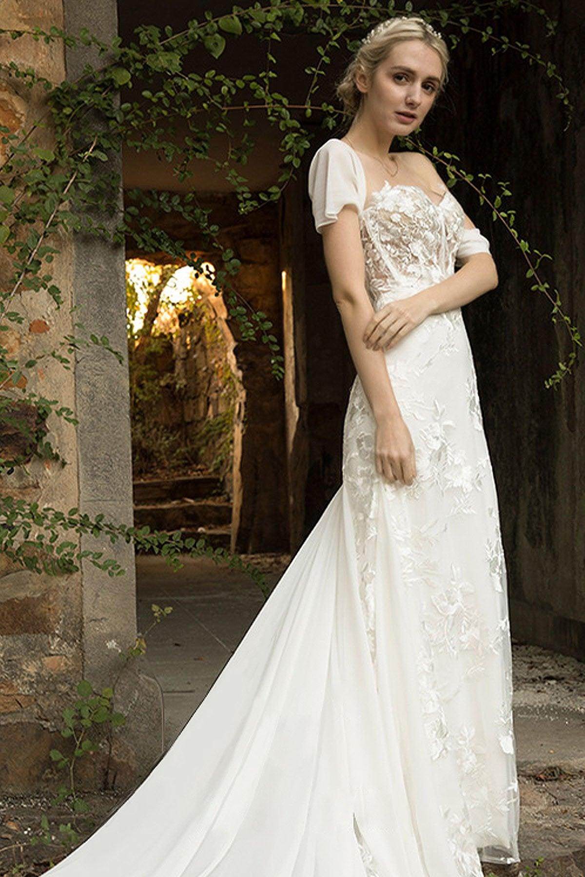 Trumpet Natural Court Train Lace Chiffon Zipper Bridal Wedding Dress Off the Shoulder COCOMELODY CW3018, 25 Days / As Picture / US18-UK20-EUR48