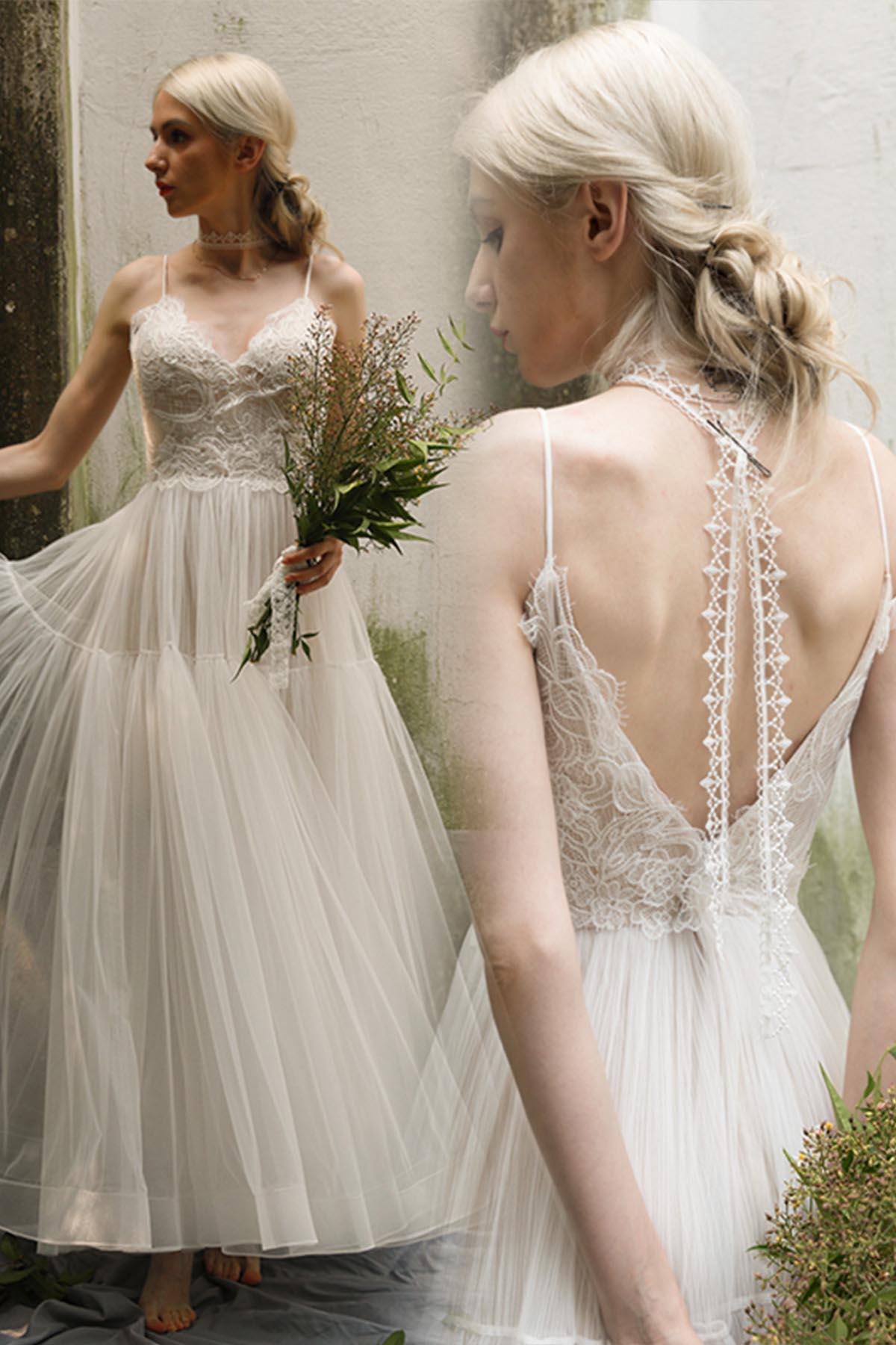 A-Line Ankle Length Lace Tulle Wedding Dress CW3020 - COCOMELODY