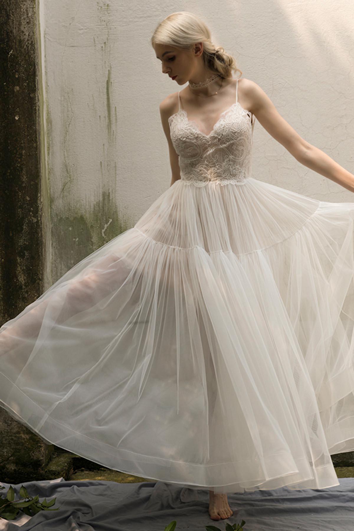 A-Line Ankle Length Lace Tulle Wedding Dress CW3020 - COCOMELODY
