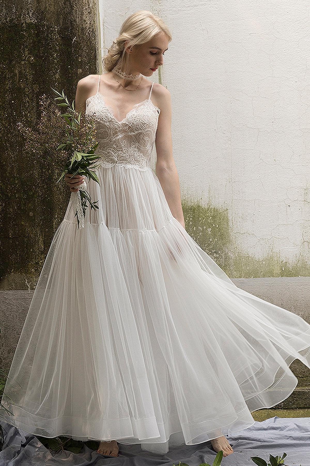 A-Line Ankle Length Lace Tulle Wedding Dress CW3020 - COCOMELODY