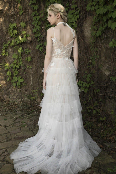 A-Line Sweep-Brush Train Lace Tulle Wedding Dress CW3021 - COCOMELODY